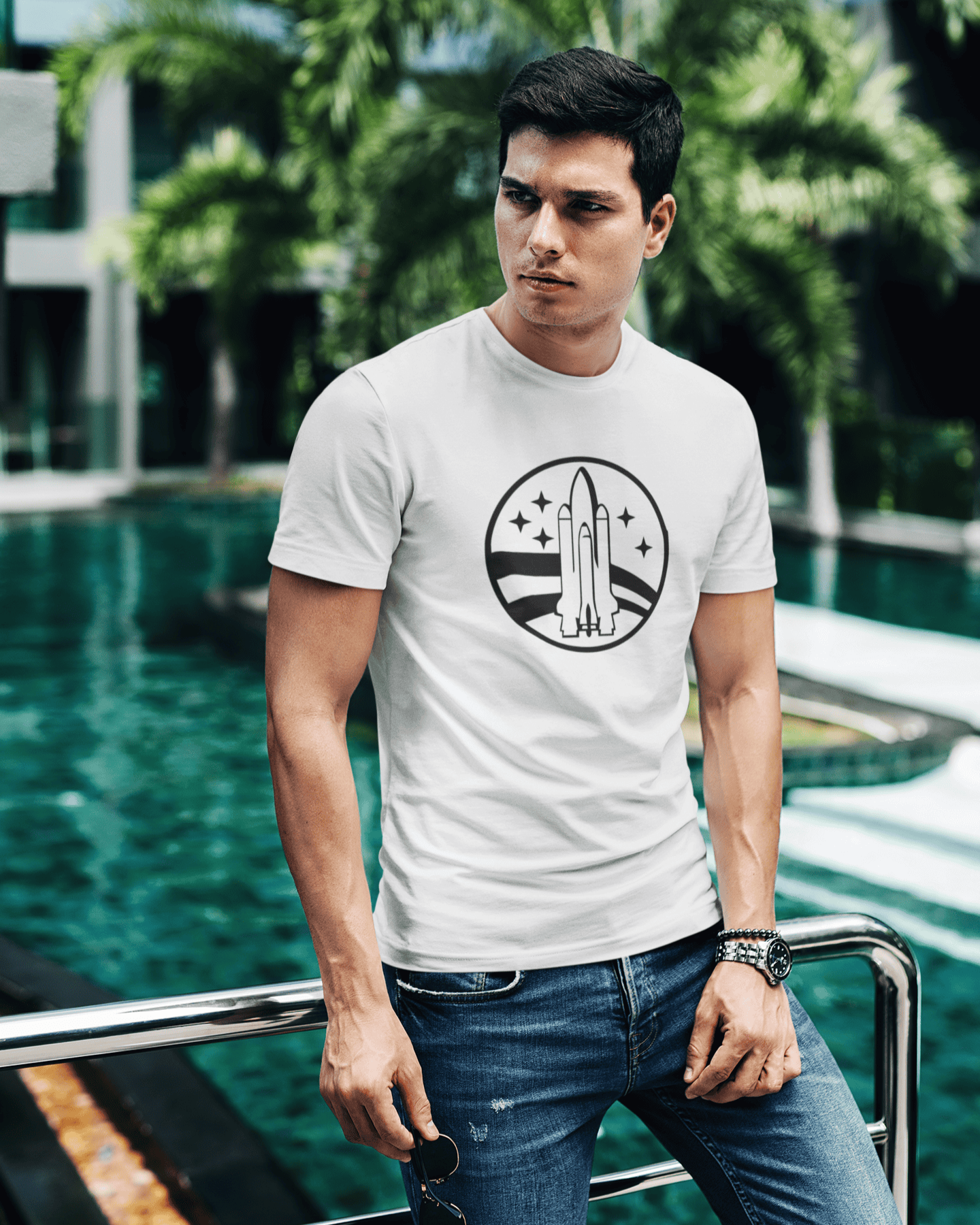 Minimalist rocket silhouette graphic – black and white spacecore t-shirt from Spacebond