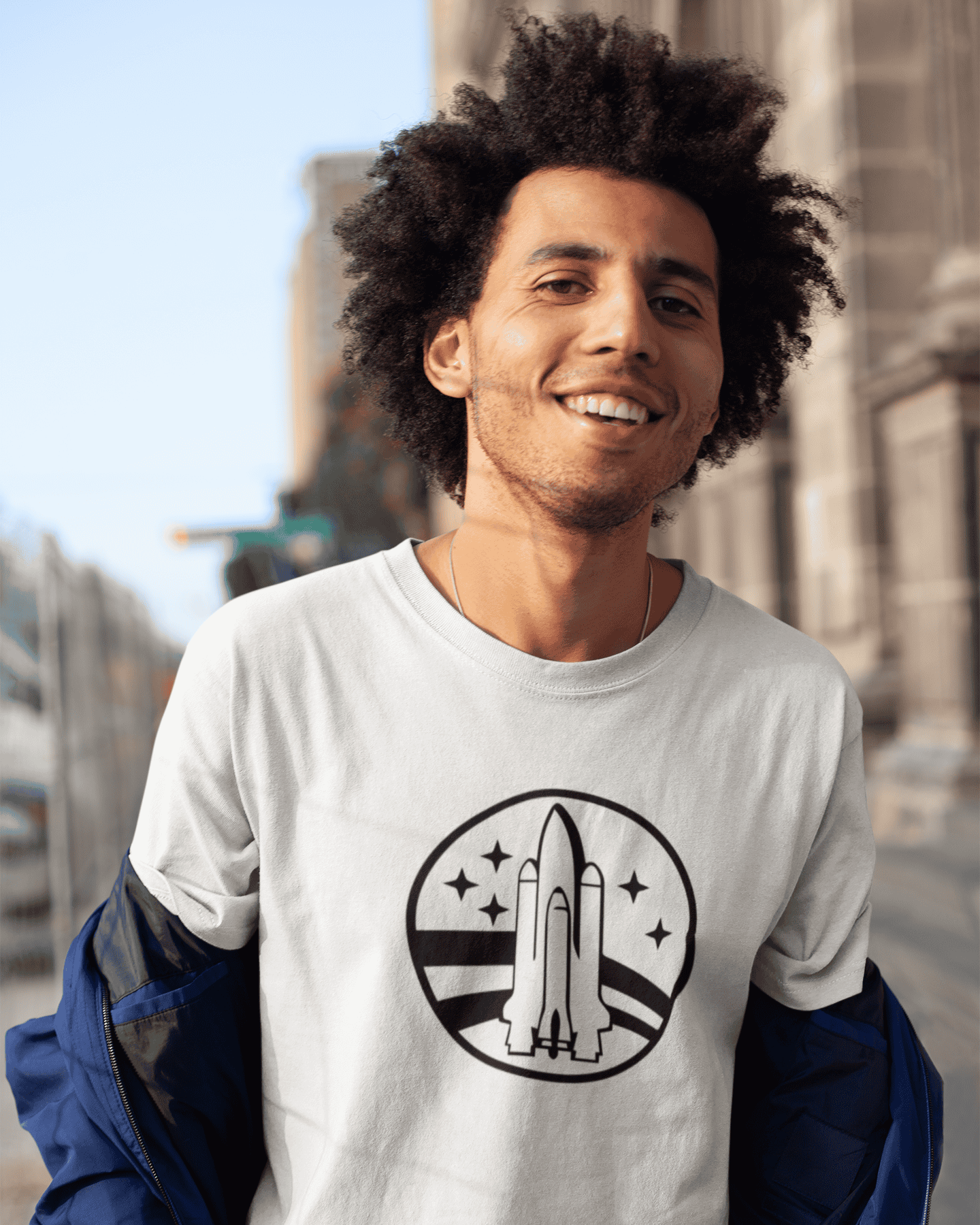 Minimalist rocket silhouette graphic – black and white spacecore t-shirt from Spacebond.