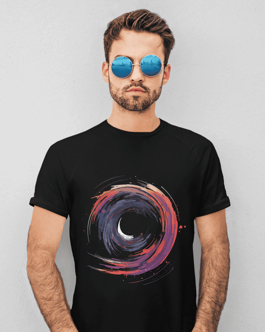 Abstract colorful spiral resembling a black hole vortex with neon strokes and cosmic flair – Chromavortex T-Shirt Design