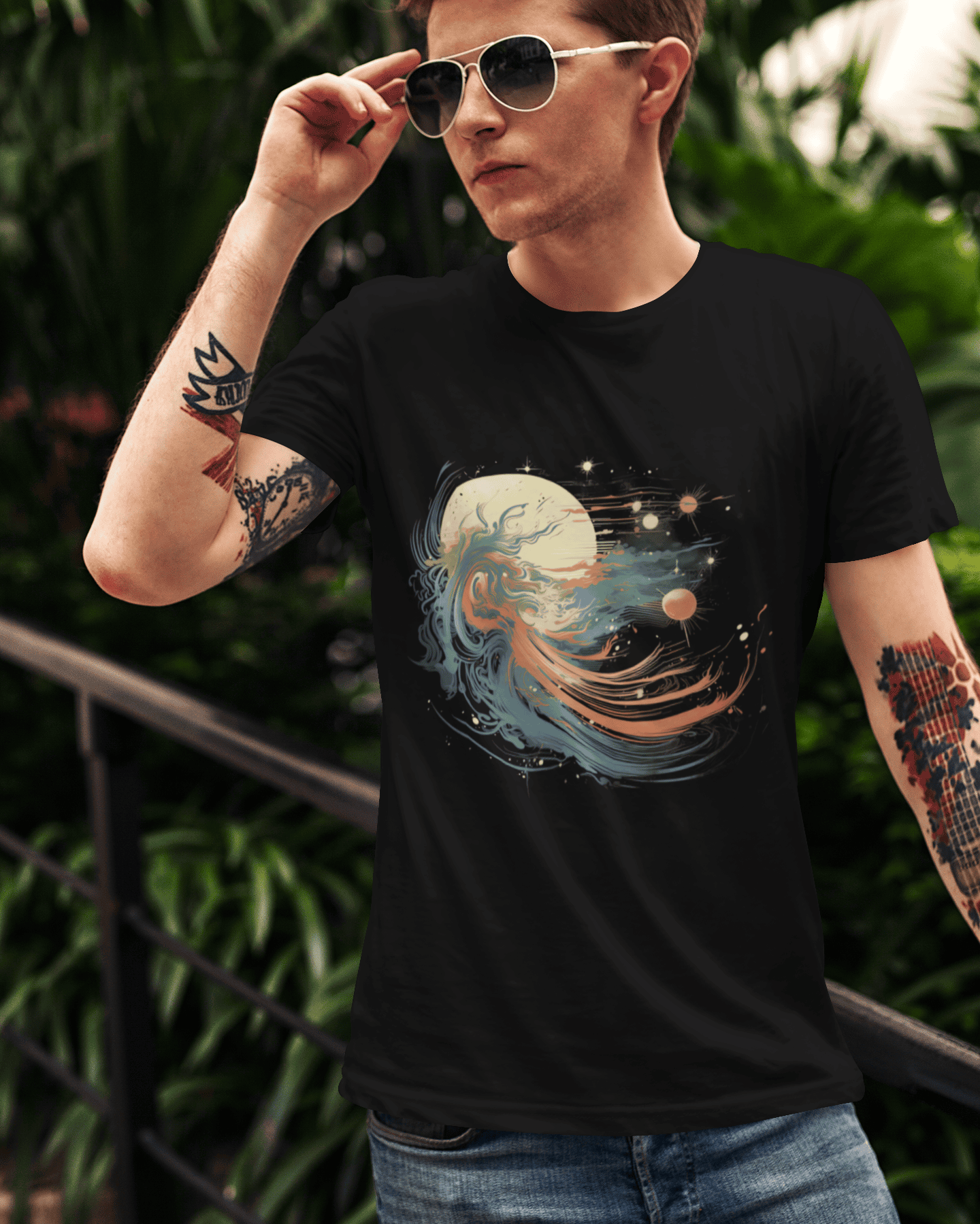 Abstract cosmic wave and planetary motion in colorful space art – Cosmic Current T-Shirt Design