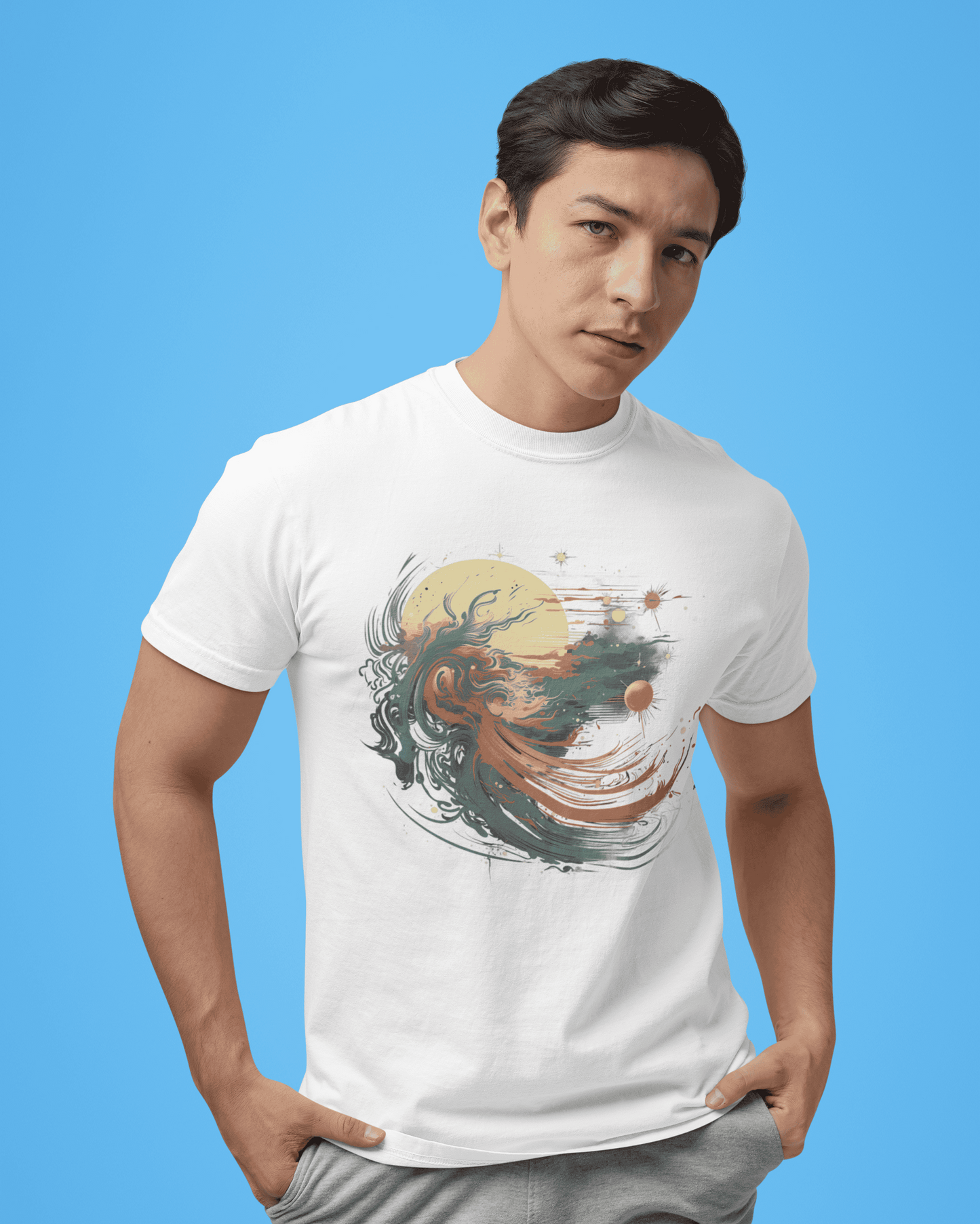 Abstract cosmic wave and planetary motion in colorful space art – Cosmic Current T-Shirt Design