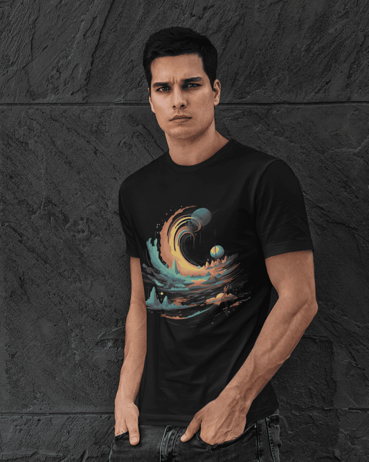 Abstract wave of planets and surreal space landscape – Cosmic Waves Spacebond T-Shirt Design