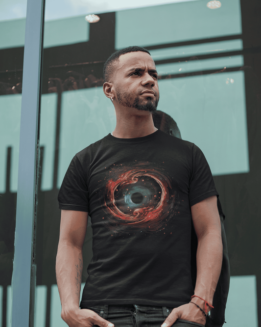 Fiery abstract black hole design with swirling red and brown colors, depicting gravitational chaos – Eventum Infernum T-Shirt.