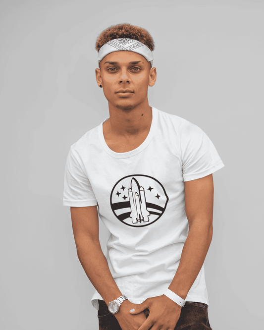 Minimalist rocket silhouette graphic – black and white spacecore t-shirt from Spacebond