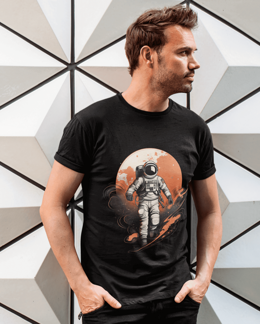 Astronaut walking forward with fire-like cosmic swirls and a glowing moon behind