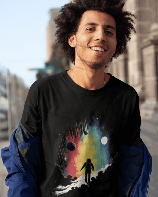 Astronaut walking into a rainbow-colored galaxy – psychedelic space t-shirt design by Spacebond
