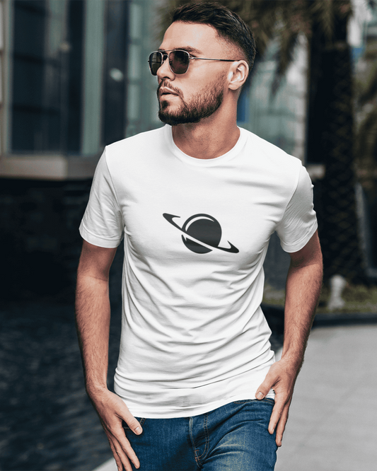 Minimal ringed planet silhouette graphic t-shirt design – Spacebond India