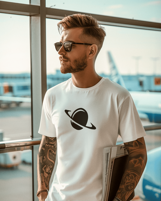 Minimal ringed planet silhouette graphic t-shirt design – Spacebond India