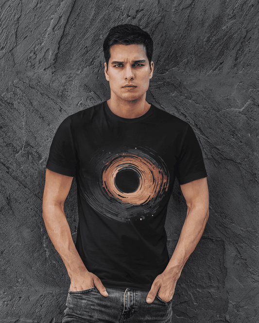 Digital-style abstract black hole in warm red-orange tones, layered with circuit-like swirls – Singularity Spiral T-Shirt