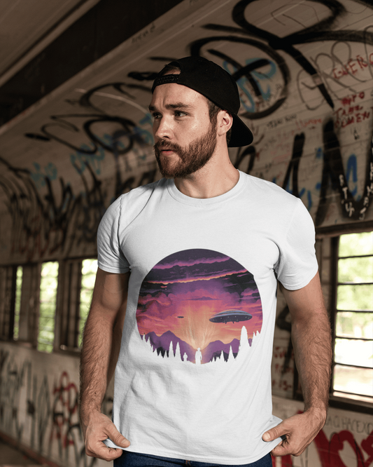 Two people watching UFOs landing in a glowing twilight sky – alien encounter t-shirt by Spacebond