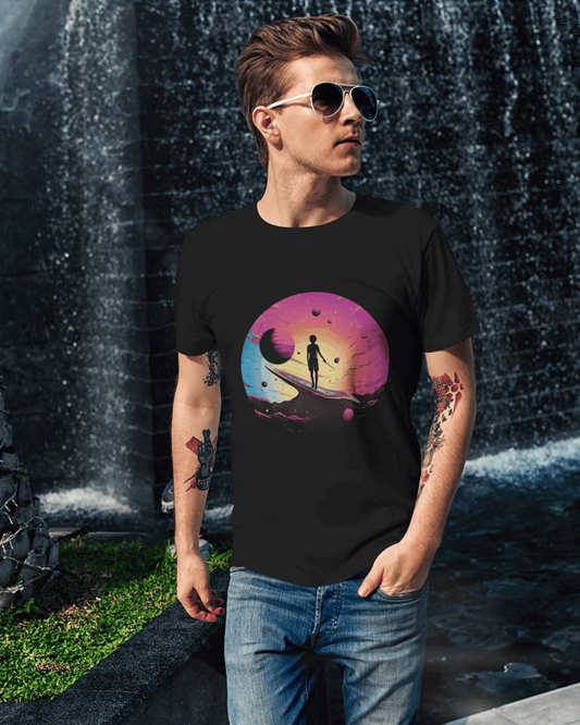 Silhouette of young space explorer on a planetary ring with colorful space background