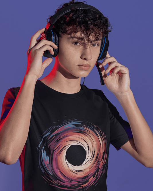 Colorful swirling black hole with vibrant strokes of peach, red, and violet – Vortex Pulse T-Shirt Design