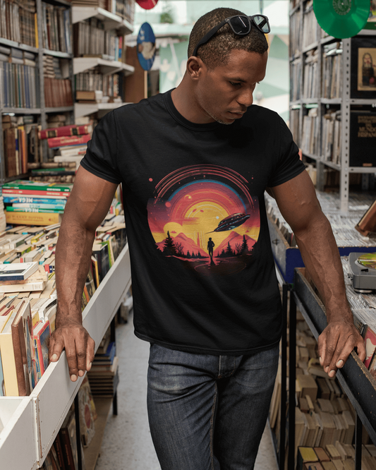 Alien Encounter T-Shirt – UFO Over Mountains with Sunset and Cosmic Colors