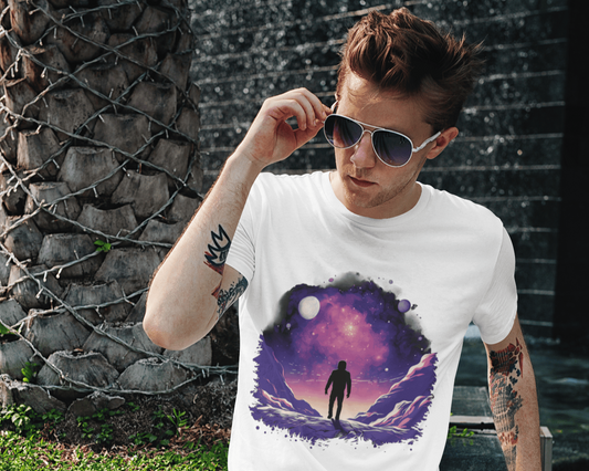 Astronaut silhouetted against violet galaxy sky and alien mountains – sci-fi t-shirt art from Spacebond