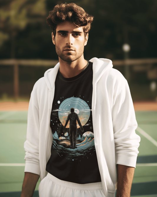 Silhouette of person gazing at a glowing cosmic moon over a surreal, colorful landscape with trees and mountains – Celestial Reflection art design