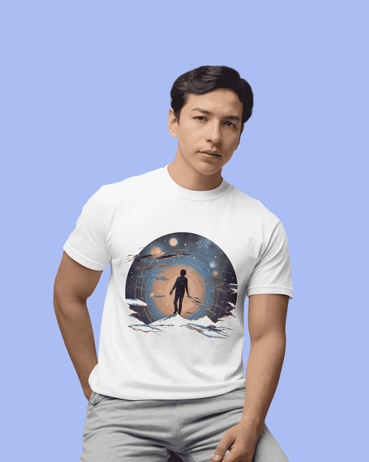 Silhouette of a person gazing into a cosmic portal surrounded by planets and stars