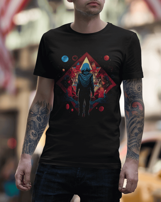 Geometric Dreamscape T-Shirt – Psychedelic Cosmic Explorer Graphic Tee for Space Lovers