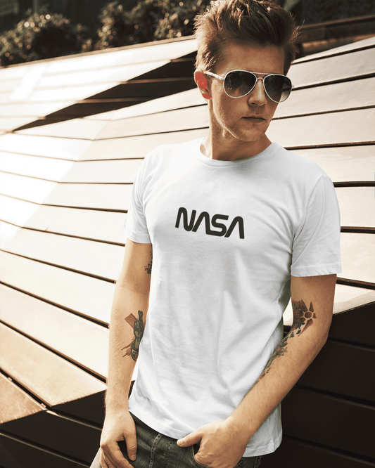 NASA Worm Logo T-Shirt – White Minimal Space Tee for Astronomy Fans
