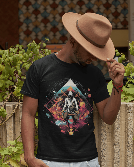 Hooded figure meditating in space with sacred geometry and planetary design