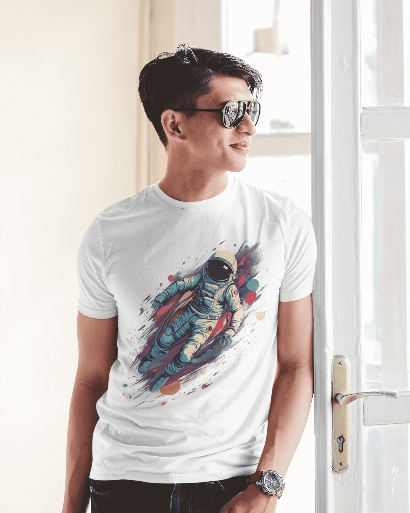 Astronaut floating in zero gravity with colorful cosmic streaks – space-inspired t-shirt from Spacebond
